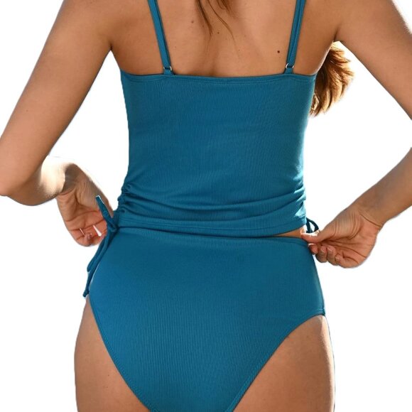 CUPSHE  Ribbed Tankini Two Piece Swimsuit Teal Lined Ruched Drawstring NEW Large - Picture 4 of 5